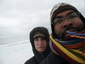 On the shore of Lake Michigan near Holland, MI. Self-portrait with Liz and wind and ice.